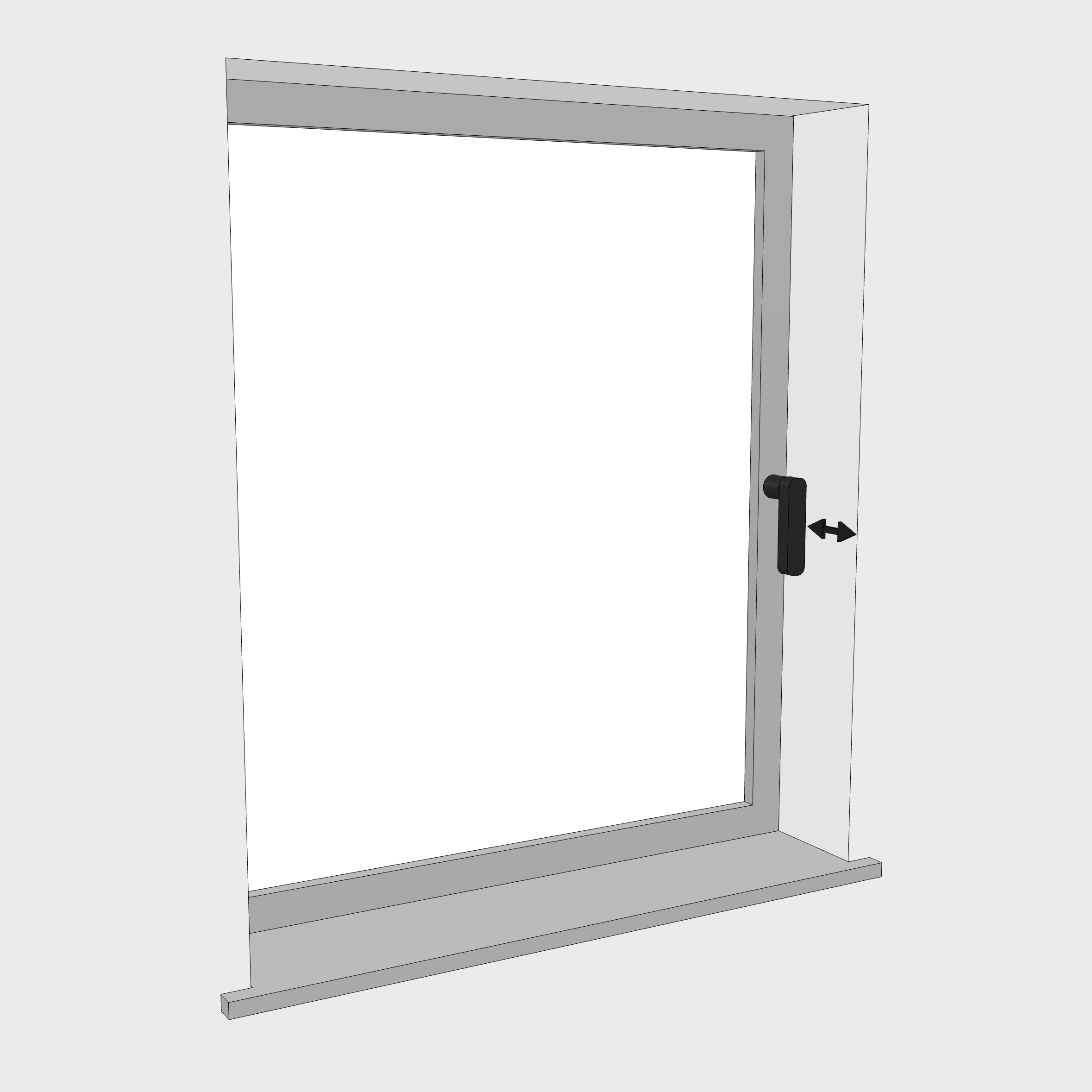 An arrow measuring the clearance beside a window handle to check the recess depth for obstructions.