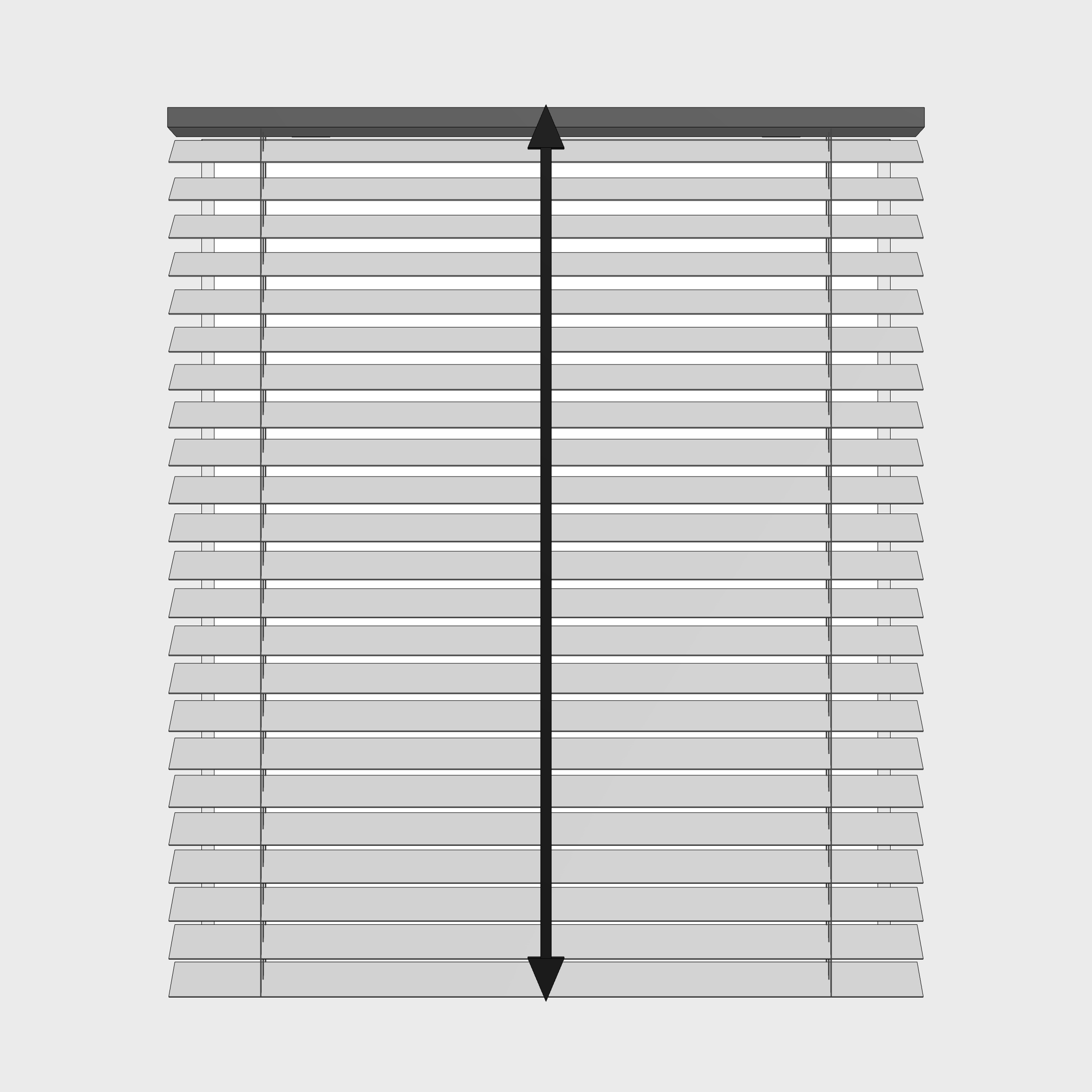A vertical arrow spanning a blind hung outside the recess, showing the exact drop it should cover.